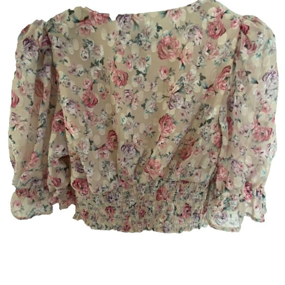 Express Floral Puff Sleeve Smocked V-Neck Cropped Top Coquette Cottagecore SM - Picture 16 of 16